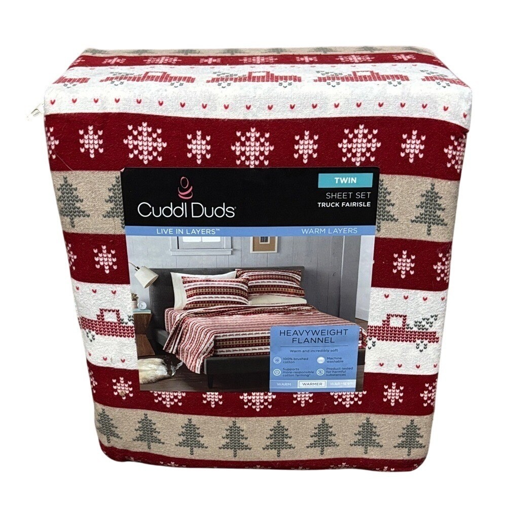 Cuddl Duds Festive Holiday Red Truck Heavyweight Twin Flannel Sheets Winter NWT